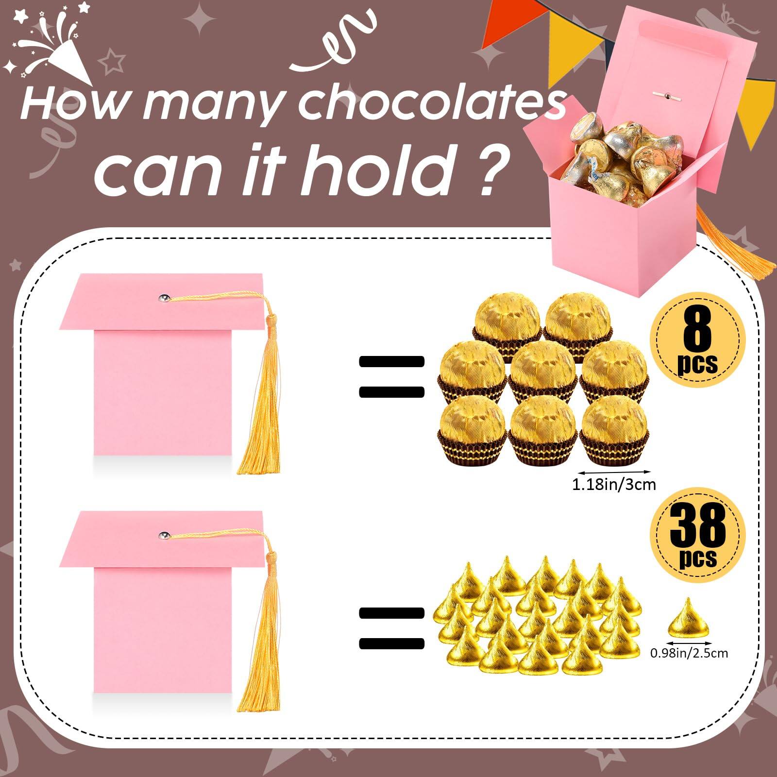 How many chocolates can it hold?

8 pcs = 1.18in/3cm  
38 pcs = 0.98in/2.5cm