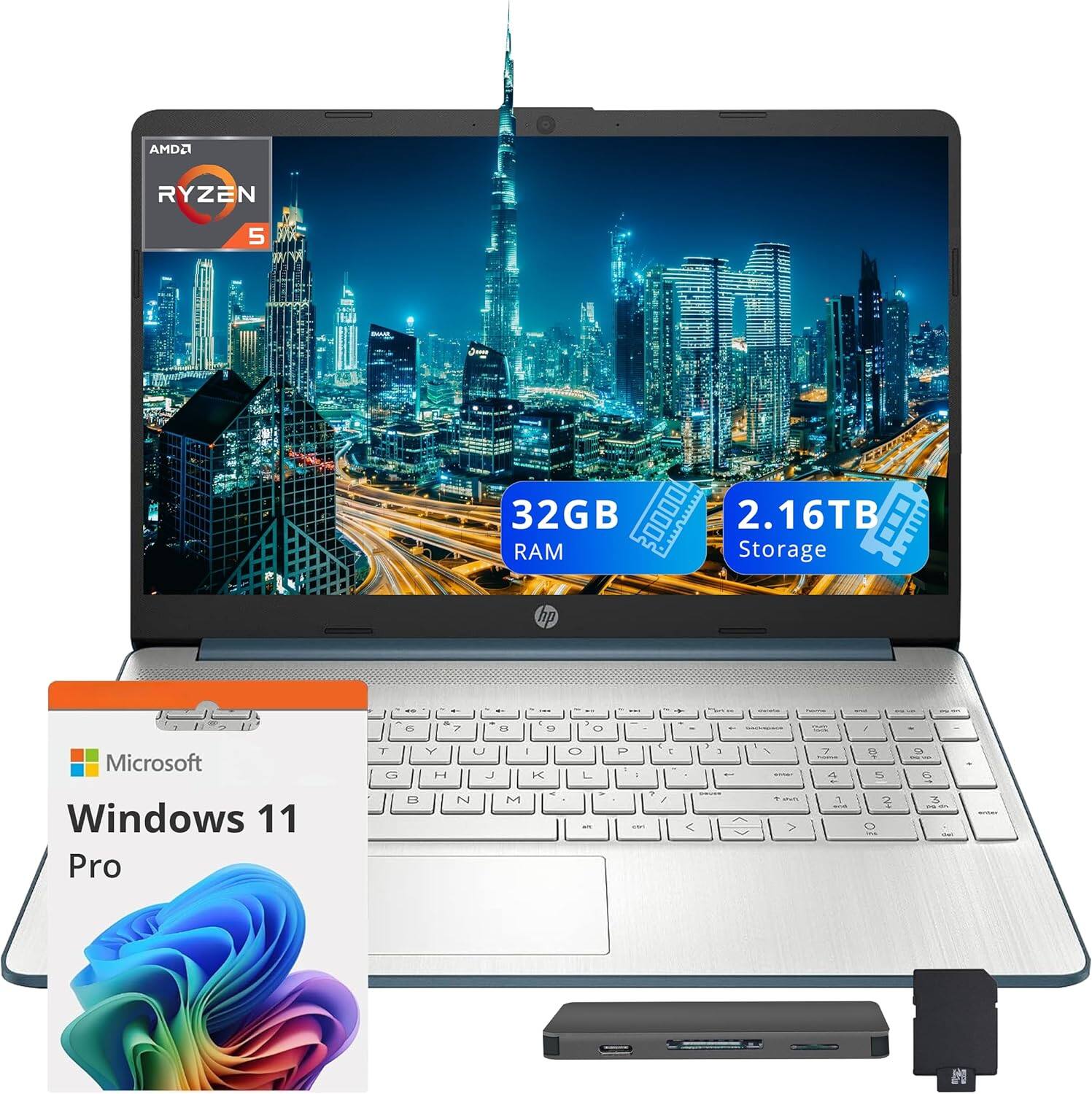 HP - 15.6" FHD Laptop,AMD Ryzen 5-5500U,32GB RAM,2TB SSD + 160GB Docking Station Set,AMD Radeon Graphics,Win 11 Pro - Blue