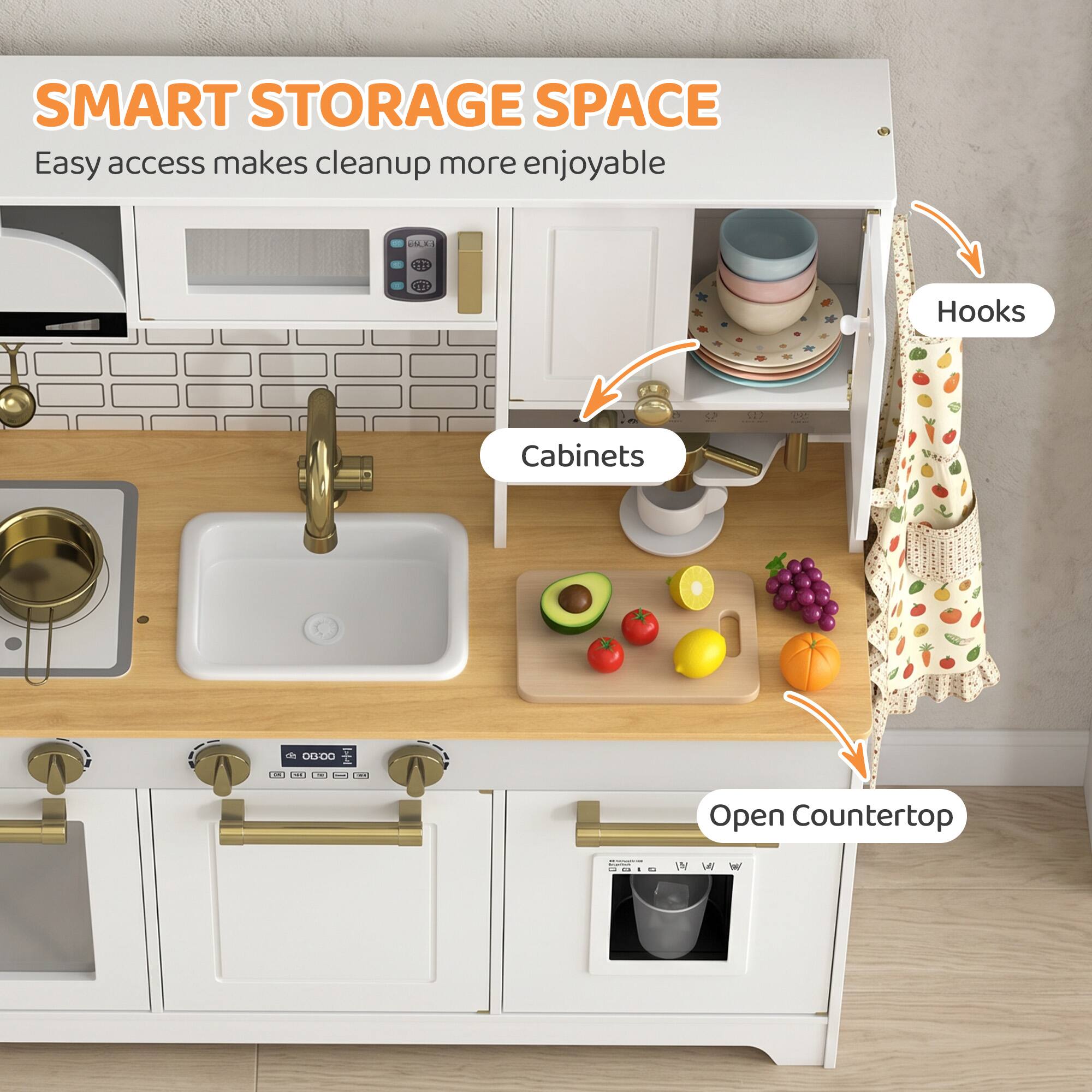 SMART STORAGE SPACE  
Easy access makes cleanup more enjoyable  

- Cabinets  
- Hooks  
- Open Countertop