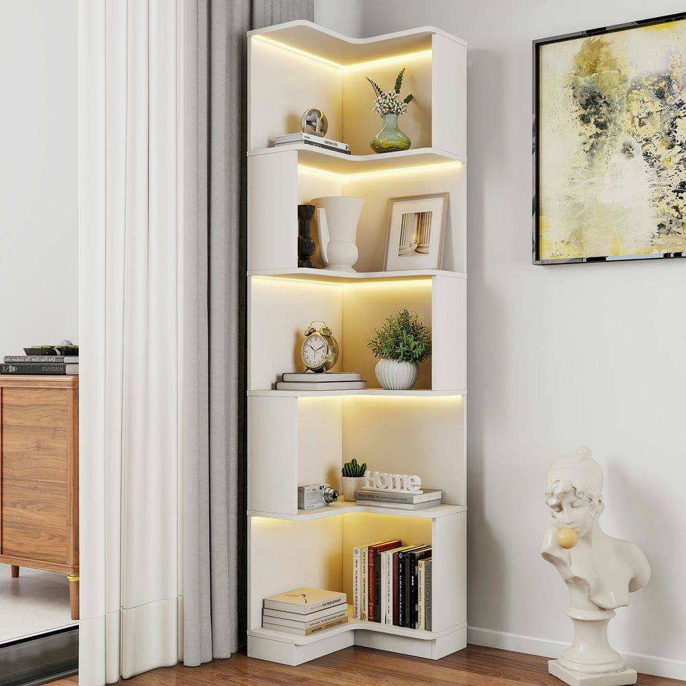 Alt View 7. Kadyn - Corner Book Shelf - 5 Tier Corner Bookcase with Baffle, Freestanding L Shaped Display Shelf Stand for Office, White - White.