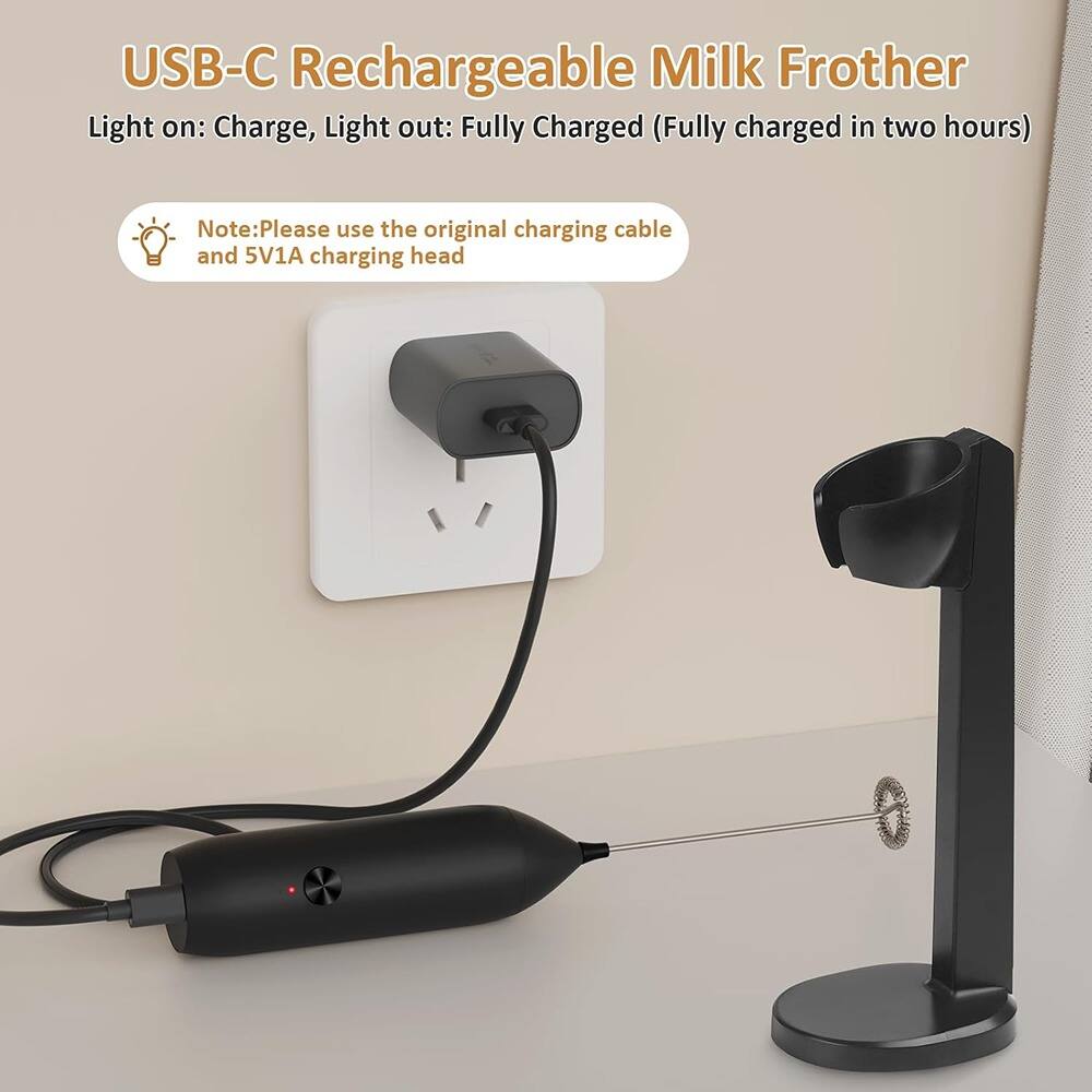 USB-C Rechargeable Milk Frother  
Light on: Charge, Light out: Fully Charged (Fully charged in two hours)  

Note: Please use the original charging cable and 5V1A charging head