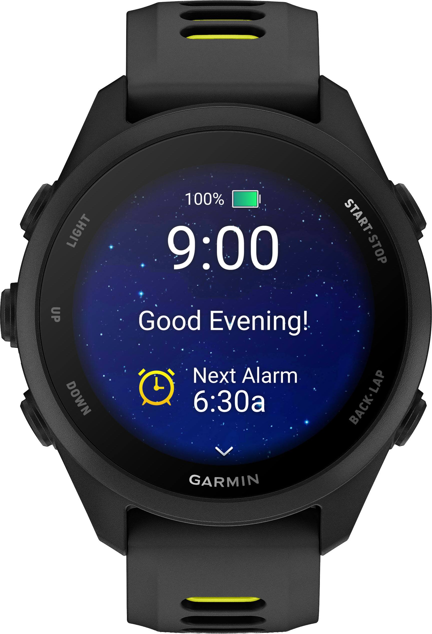LIGHT UP DOWN 100% 9:00 START-STOP Good Evening! Next Alarm 6:30a BACK-LAP GARMIN