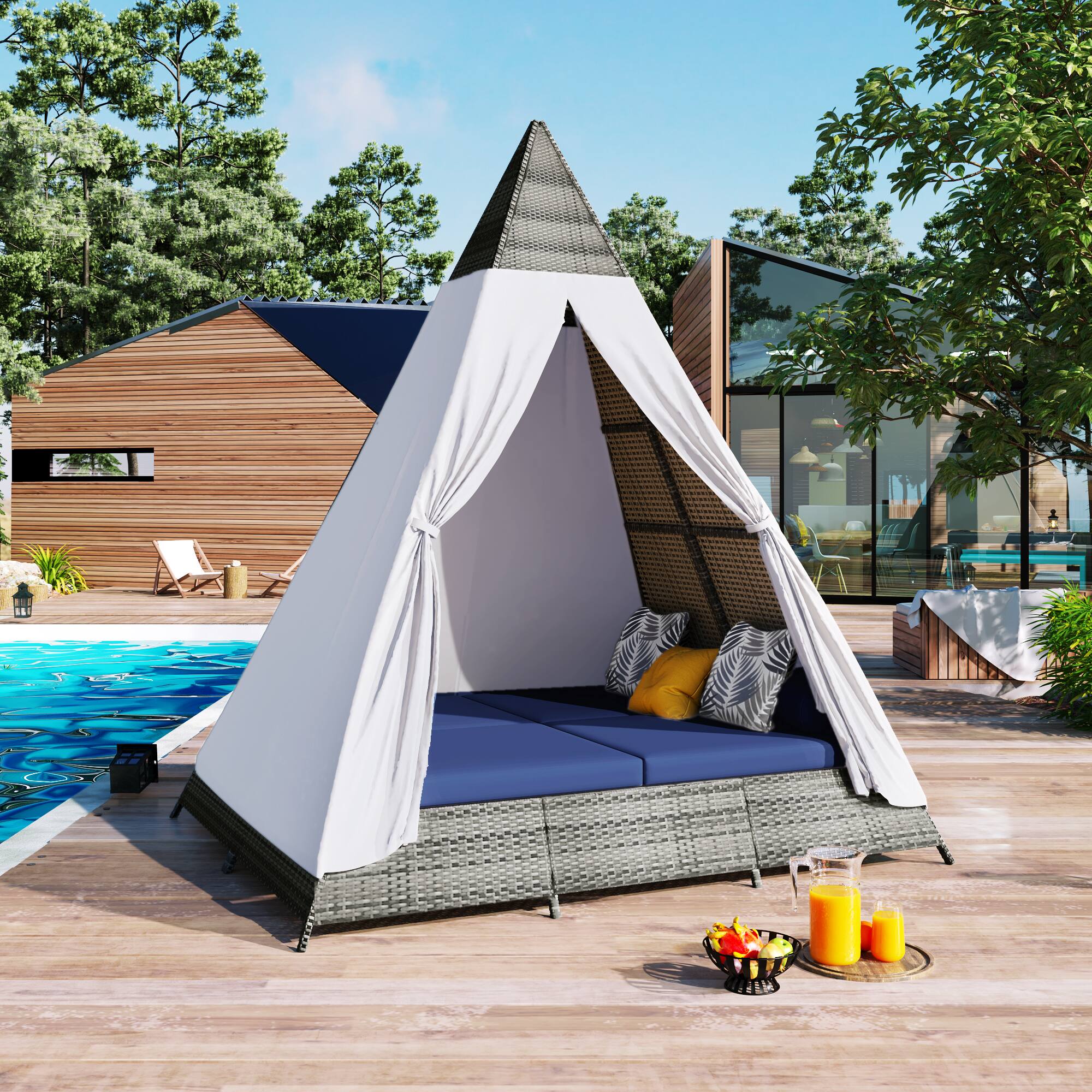 Front. APRILSOUL - 91 Length Outdoor Sunbed Colorful Pillows Wicker Patio Daybed Cushions Tent Shape Gray Blue - Grey.