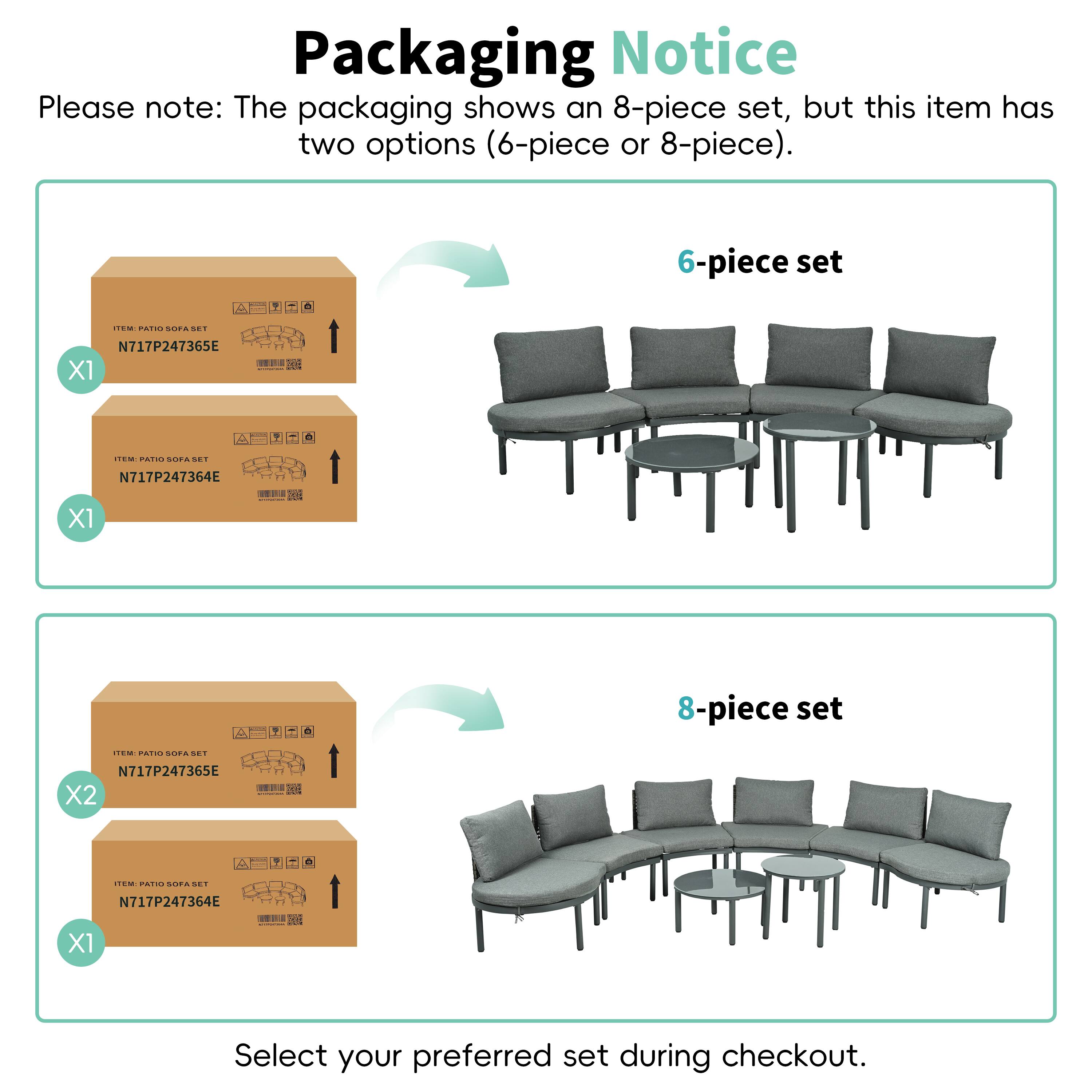 Packaging Notice
Please note: The packaging shows an 8-piece set, but this item has two options (6-piece or 8-piece).

6-piece set
N717P247365E X1
N717P247364E X1

8-piece set
N717P247365E X2
N717P247364E X1

Select your preferred set during checkout.