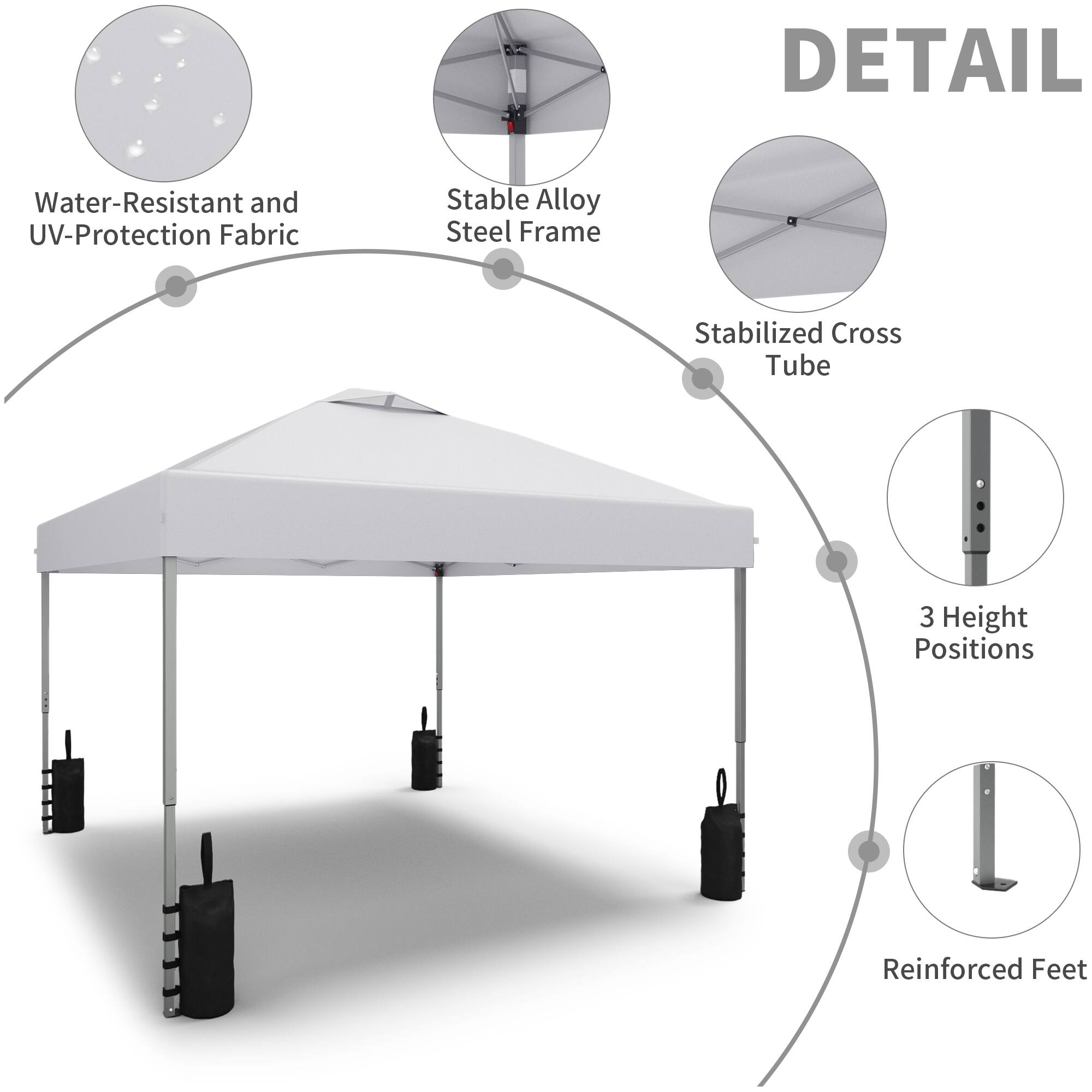DETAIL  
- Water-Resistant and UV-Protection Fabric  
- Stable Alloy Steel Frame  
- Stabilized Cross Tube  
- 3 Height Positions  
- Reinforced Feet