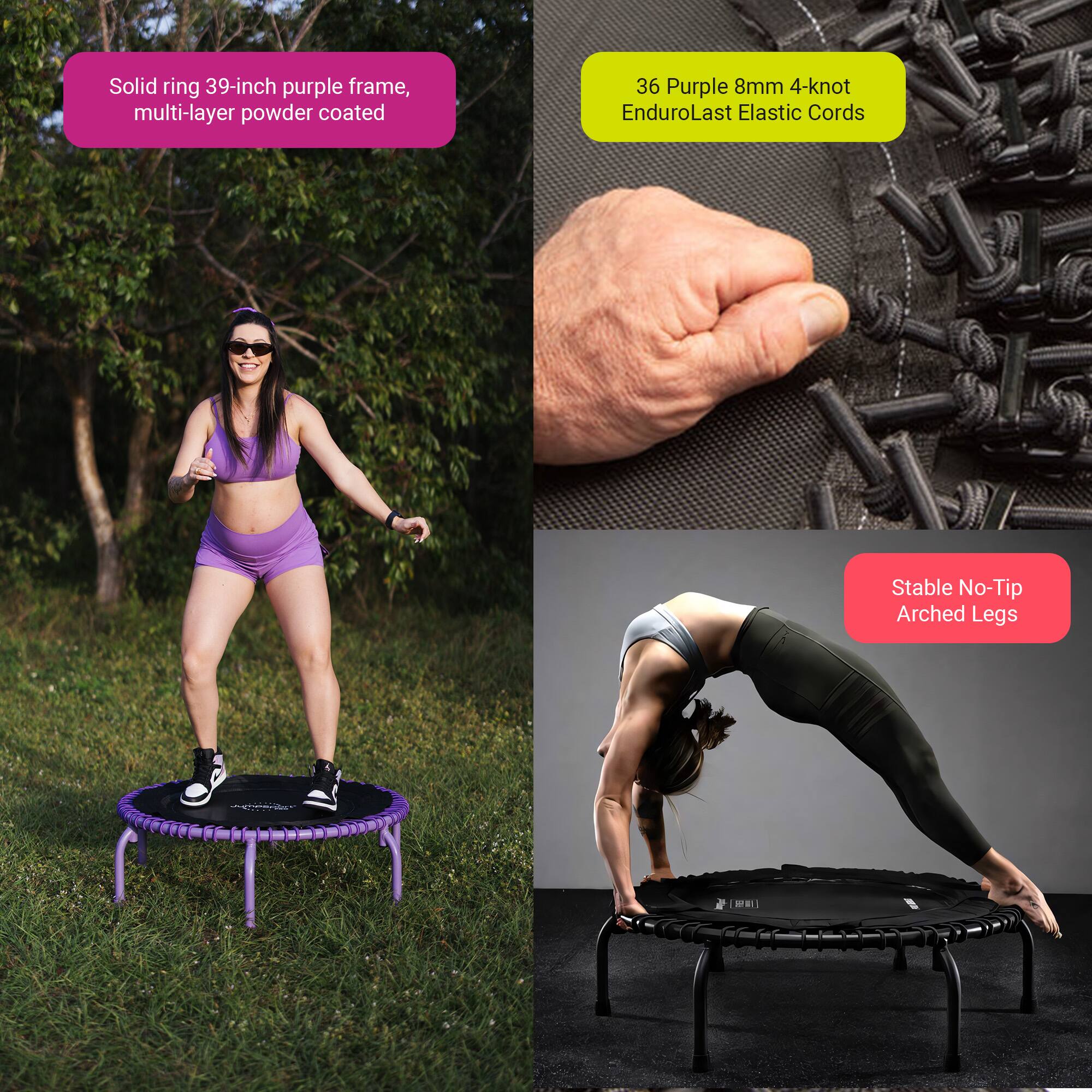 Solid ring 39-inch purple frame, multi-layer powder coated  
36 Purple 8mm 4-knot EnduroLast Elastic Cords  
Stable No-Tip Arched Legs