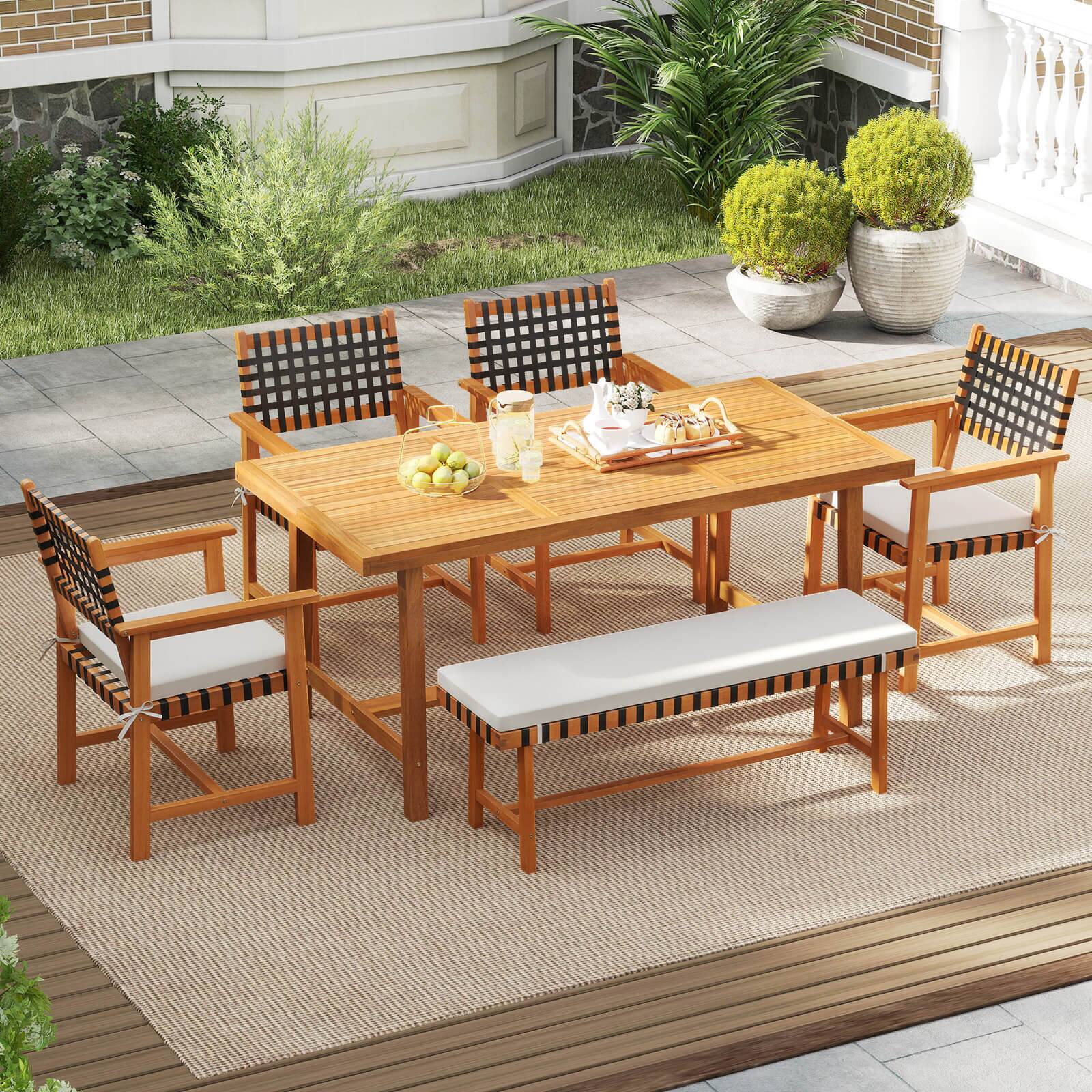 Alt View 5. Costway - Costway Solid Acacia Wood Patio Chair Set of 2 with Padded Seat Cushion Washable Covers - Natural,Off White.