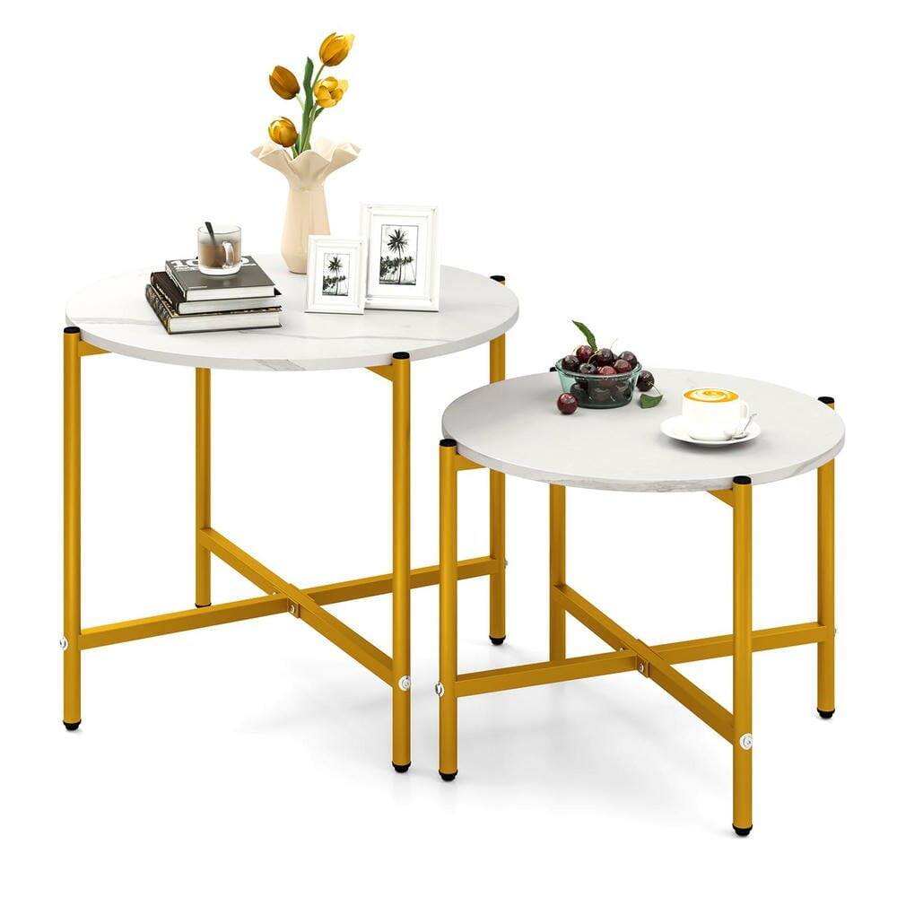 Alt View 2. Resenkos - Set of 2 Round Coffee Tables with Sturdy Metal Base Frame, White - White.