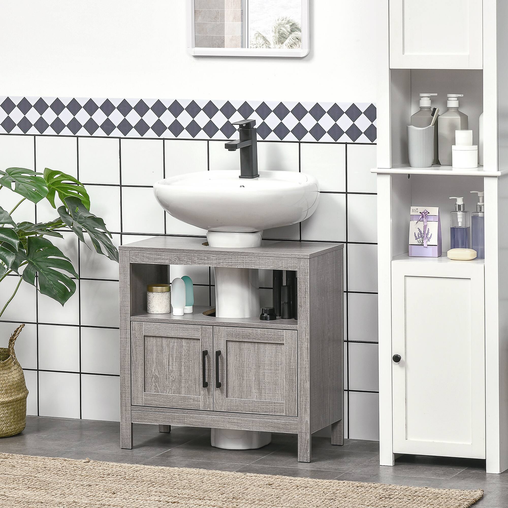 Alt View 8. Kleankin - Pedestal Sink Storage Cabinet, Bathroom Under Sink Cabinet with 2 Doors and Open Shelf, Bathroom Vanity - Gray.