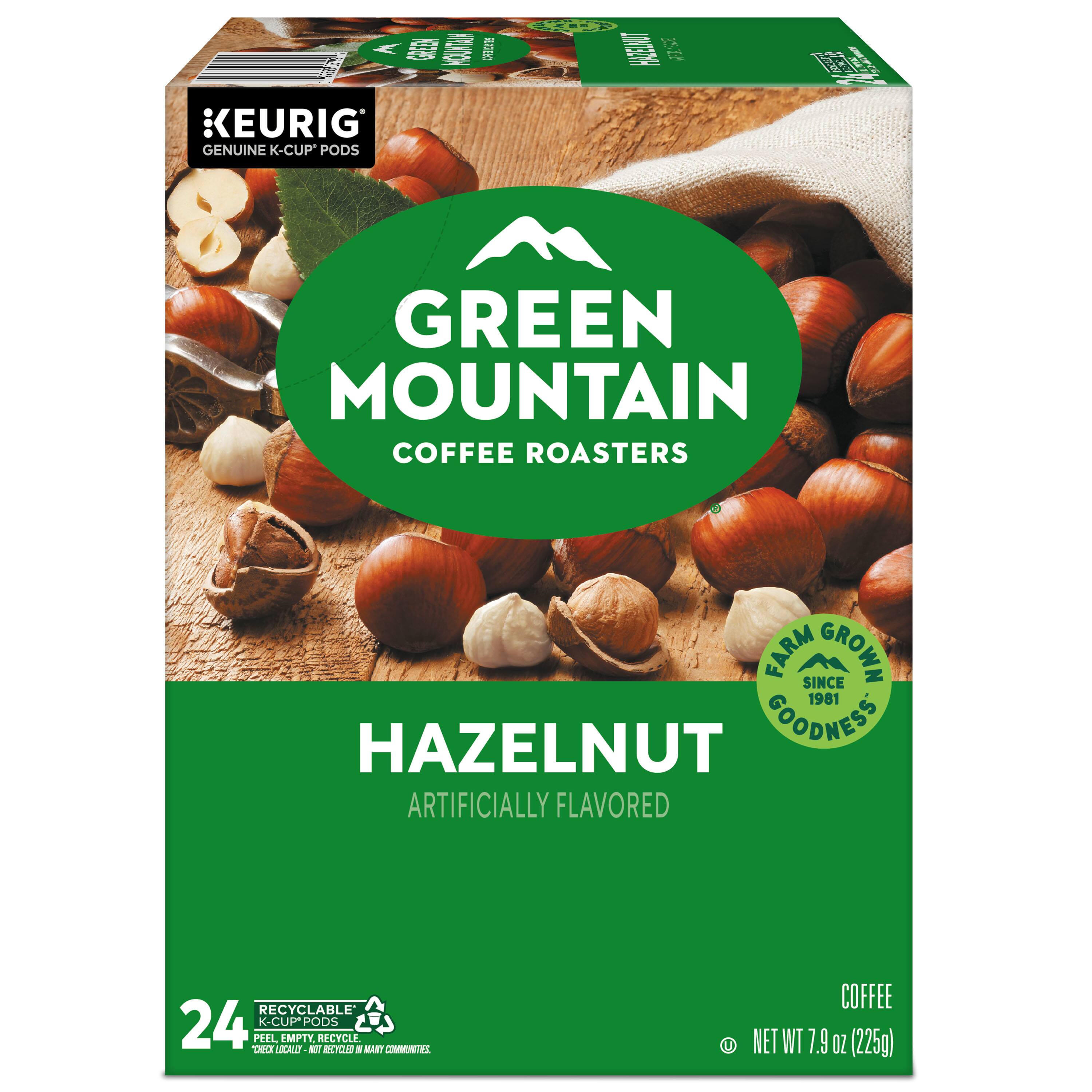 - L F3 O U  : KEURIG GENUINE K-CUP PODS MAINTENANT GREEN MOUNTAIN COFFEE ROASTERS FARM SINCE GROWN 1981 GOODNESS HAZELNUT ARTIFICIALLY FLAVORED RECYCLABLE 24 K-CUP PODS PEEL EMPTY RECYCLE LOCALS - - CUA a KGT CONSUNTEL E COFFEE NET WT 7.9 OZ (225g)