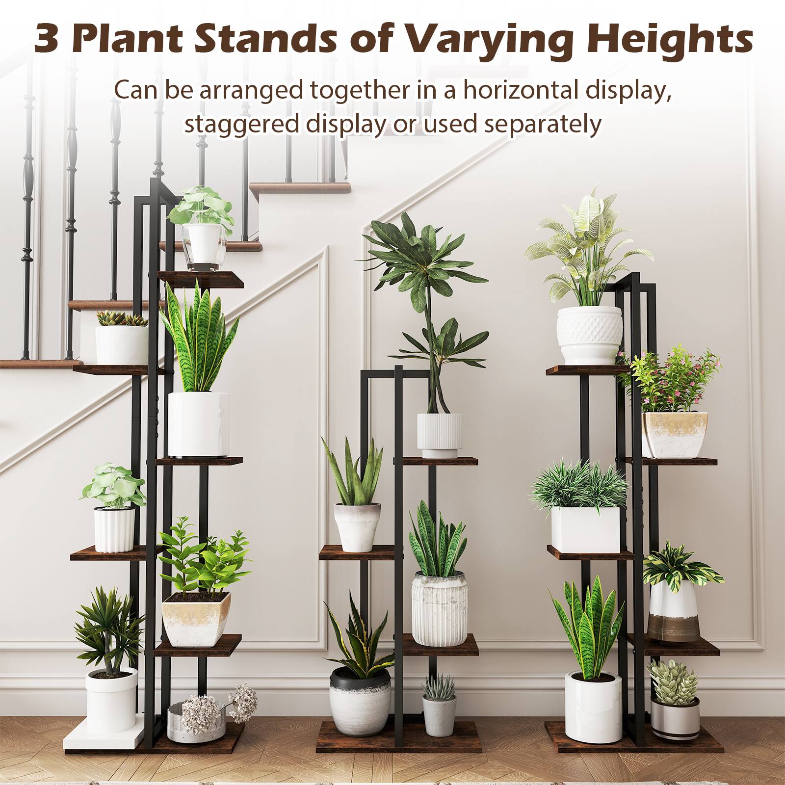 3 Plant Stands of Varying Heights

Can be arranged together in a horizontal display, staggered display or used separately