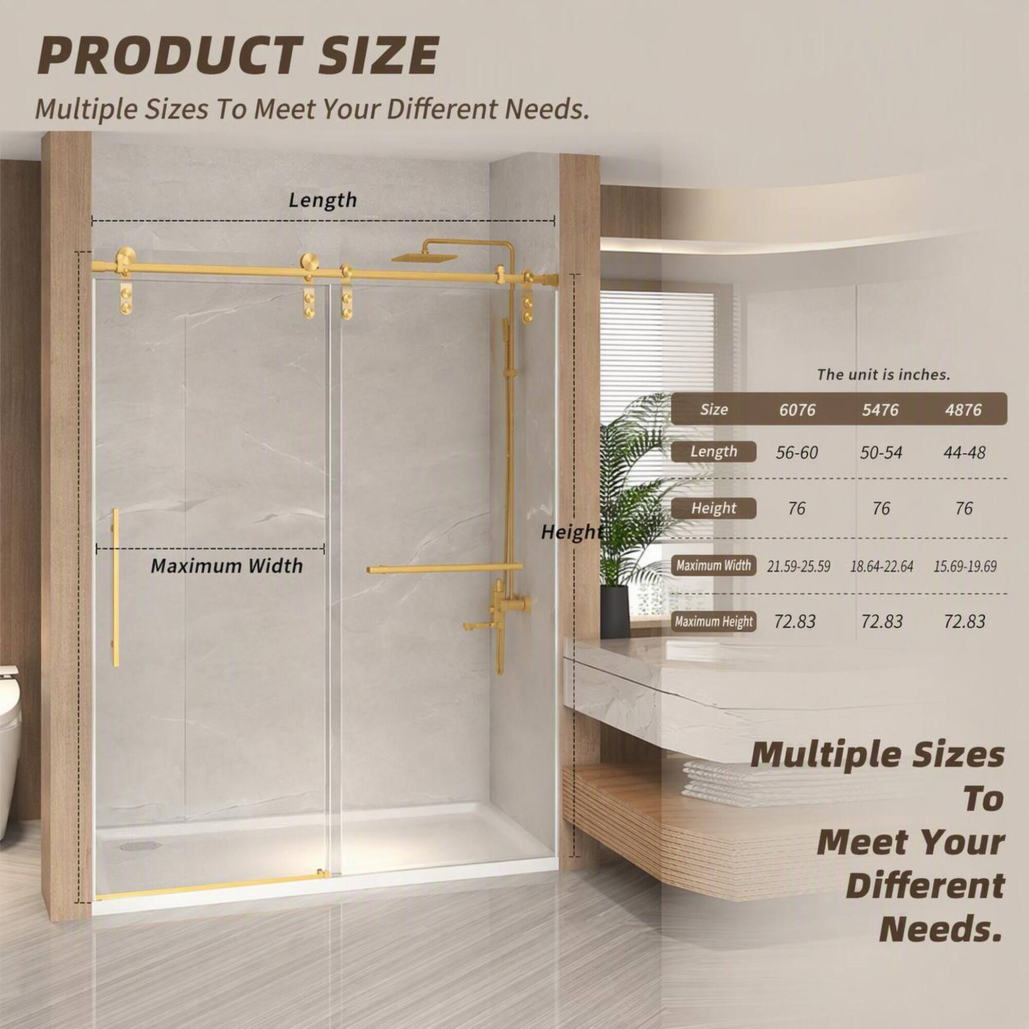PRODUCT SIZE  
Multiple Sizes To Meet Your Different Needs.

Length  
The unit is inches.

Size | Length | Maximum Width | Height | Maximum Height  
6076 | 56-60 | 21.59-25.59 | 76 | 72.83  
5476 | 50-54 | 18.64-22.64 | 76 | 72.83  
4876 | 44-48 | 15.69-19.69 | 76 | 72.83  

Multiple Sizes To Meet Your Different Needs.