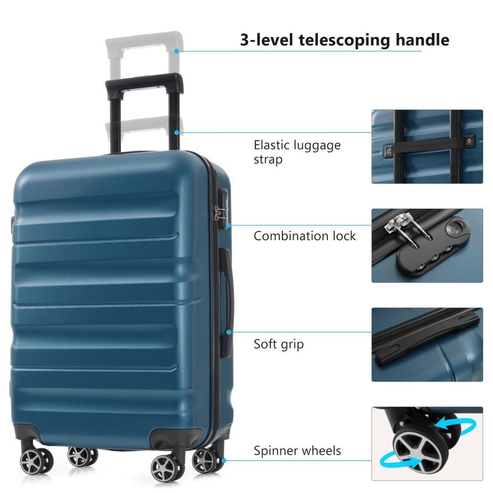 3-level telescoping handle  
Elastic luggage strap  
Combination lock  
Soft grip  
Spinner wheels