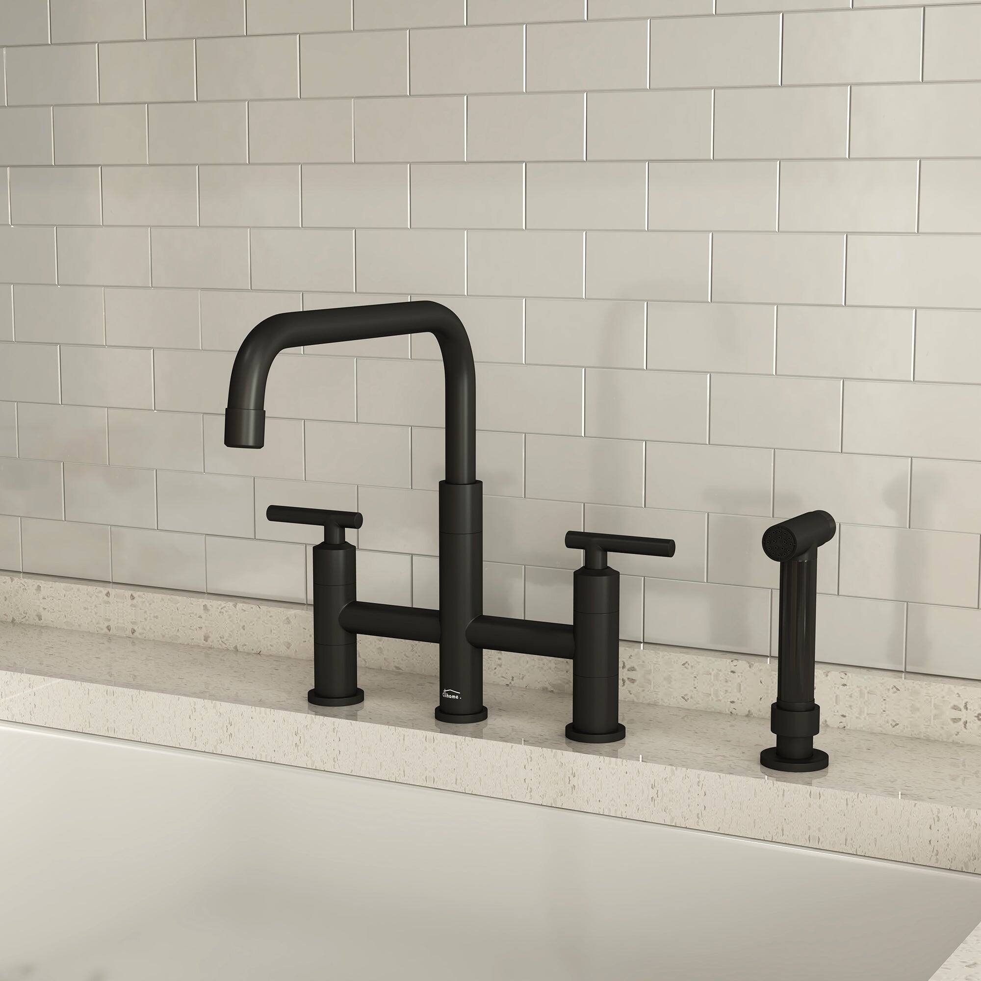 Alt View 9. Boyel Living - Double Handle 360 Degrees Rotation Bridge Kitchen Faucet with Pull-Out Side Sprayer and Ceramic Cartridge - Matte Black.