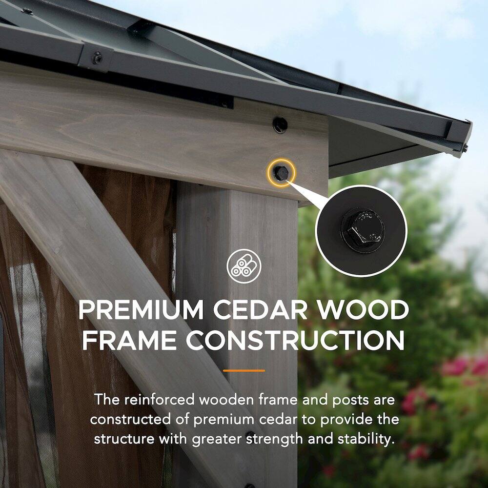 PREMIUM CEDAR WOOD FRAME CONSTRUCTION

The reinforced wooden frame and posts are constructed of premium cedar to provide the structure with greater strength and stability.
