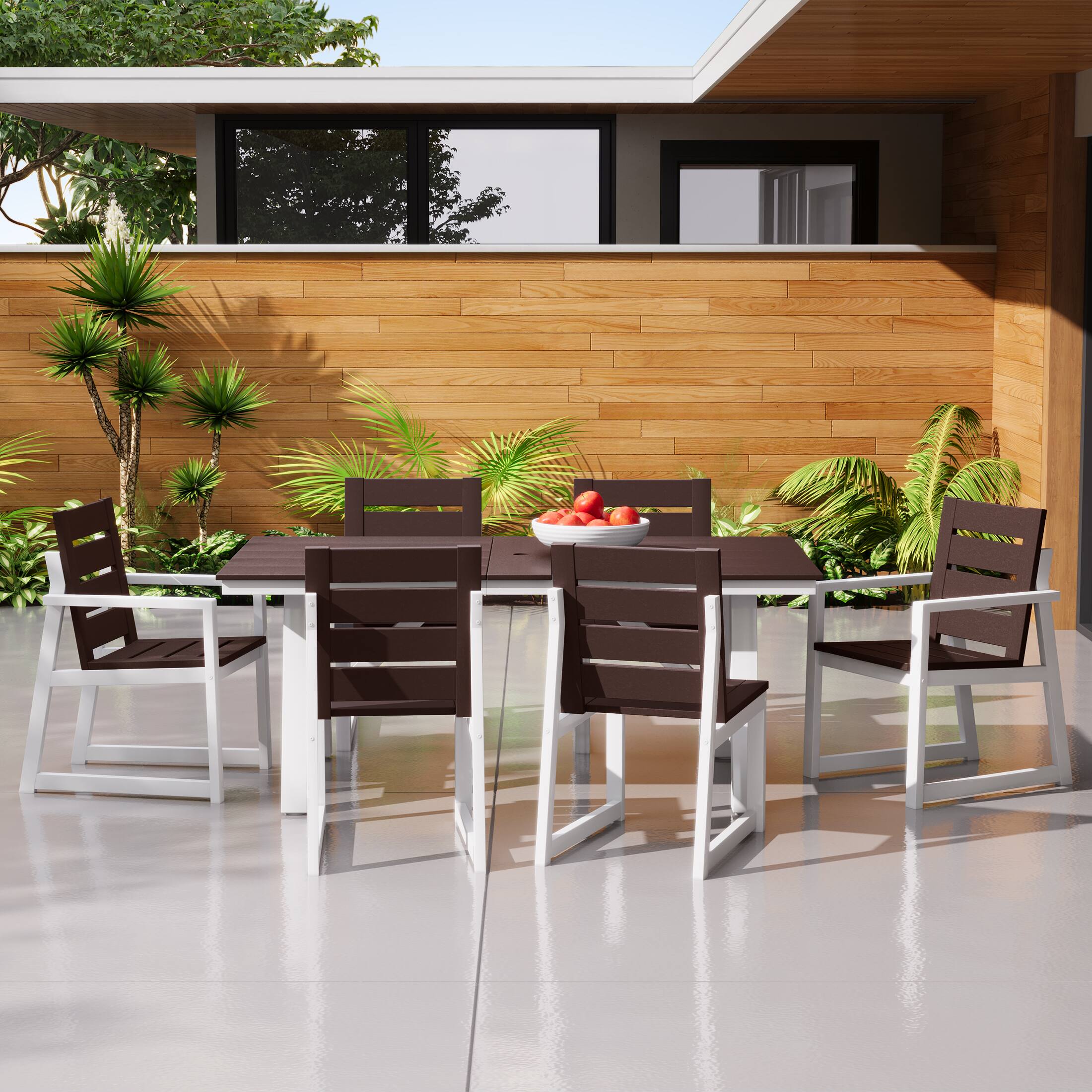 Angle. WestinTrends - WestinTrends Cape May 7-Piece HDPE Outdoor Furniture Patio Dining Table With Umbrella Hole and Chairs Set For 6 - Dark Brown.