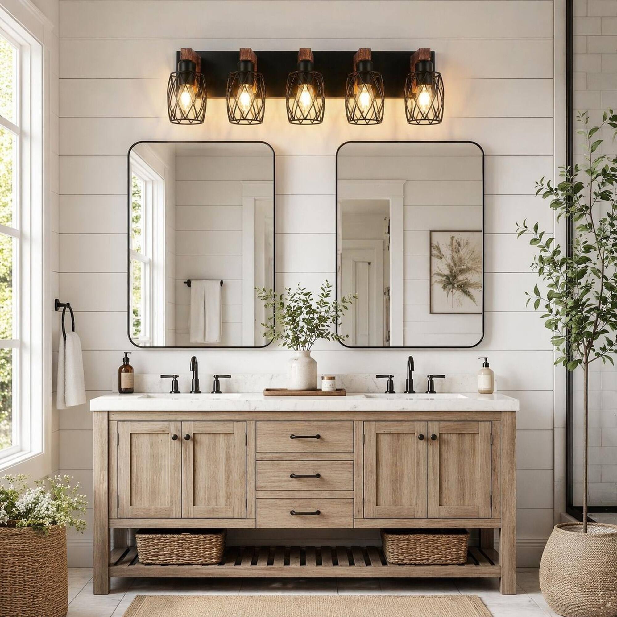 Back. RYHNUYNE - Industrial 5‑Light Wall Sconce, 31" Wall Light with Wood Accents, Bathroom Vanity Wall Lighting Fixture for Hallway - Walnut.