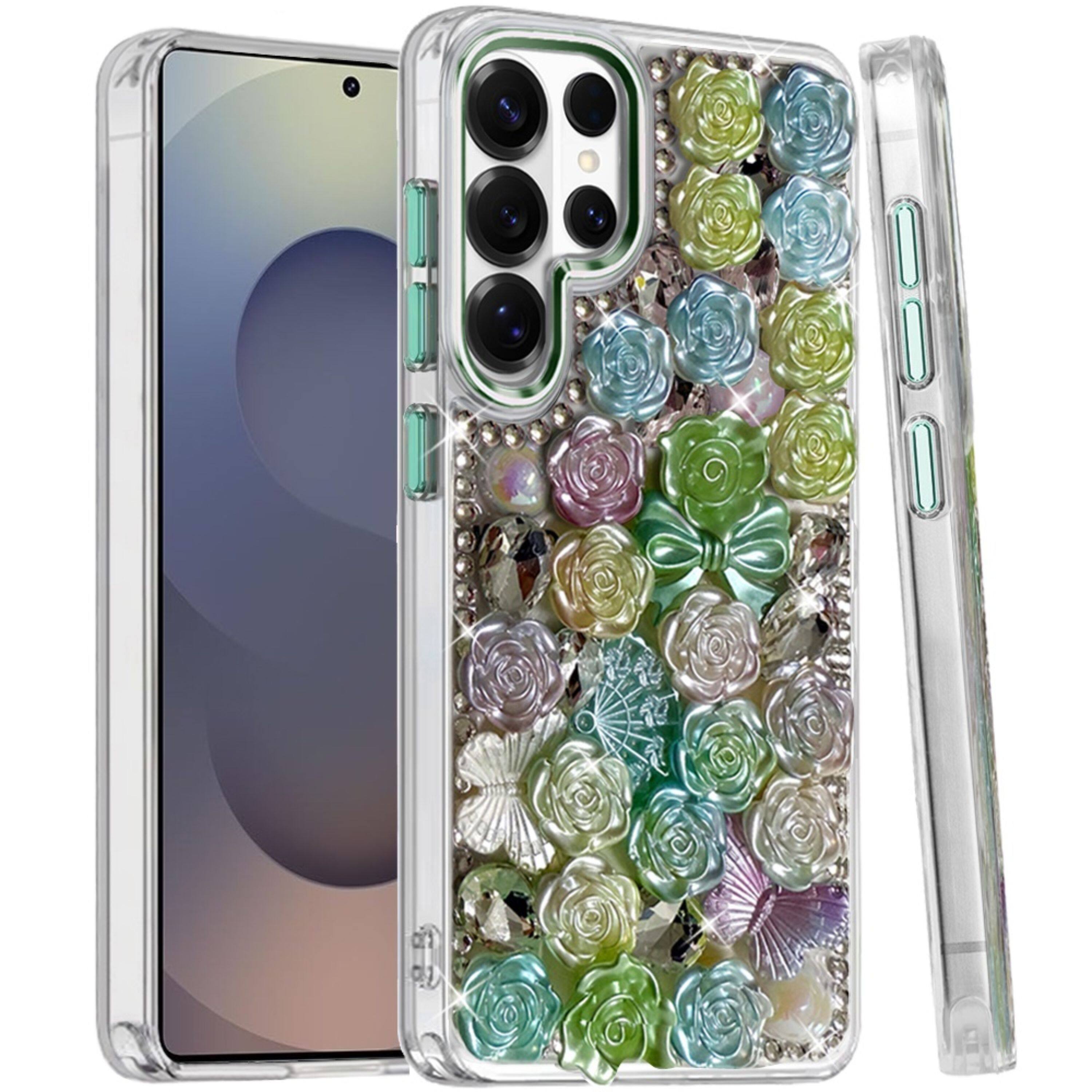 Left. Kitcheniva - Elegant 3D Rose Bling Case With Tempered Glass For Samsung S25 Ultra Green - Green.