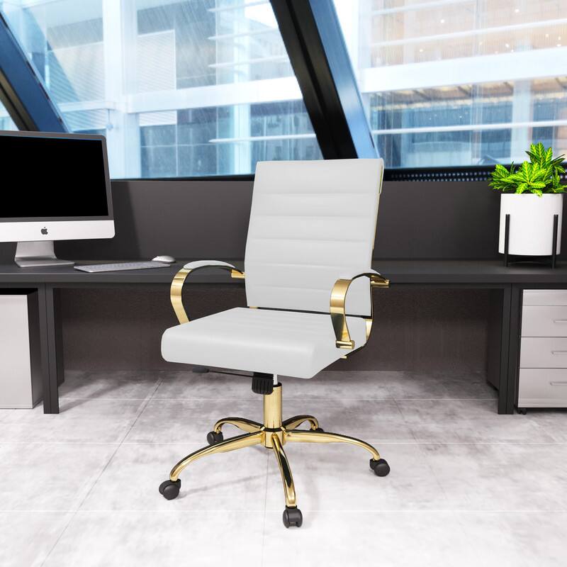 Angle. LeisureMod - Benmar Leather Office Chair with Gold Accents, Adjustable Height, Swivel, Ergonomic Design for Home Office or Workspace - White.