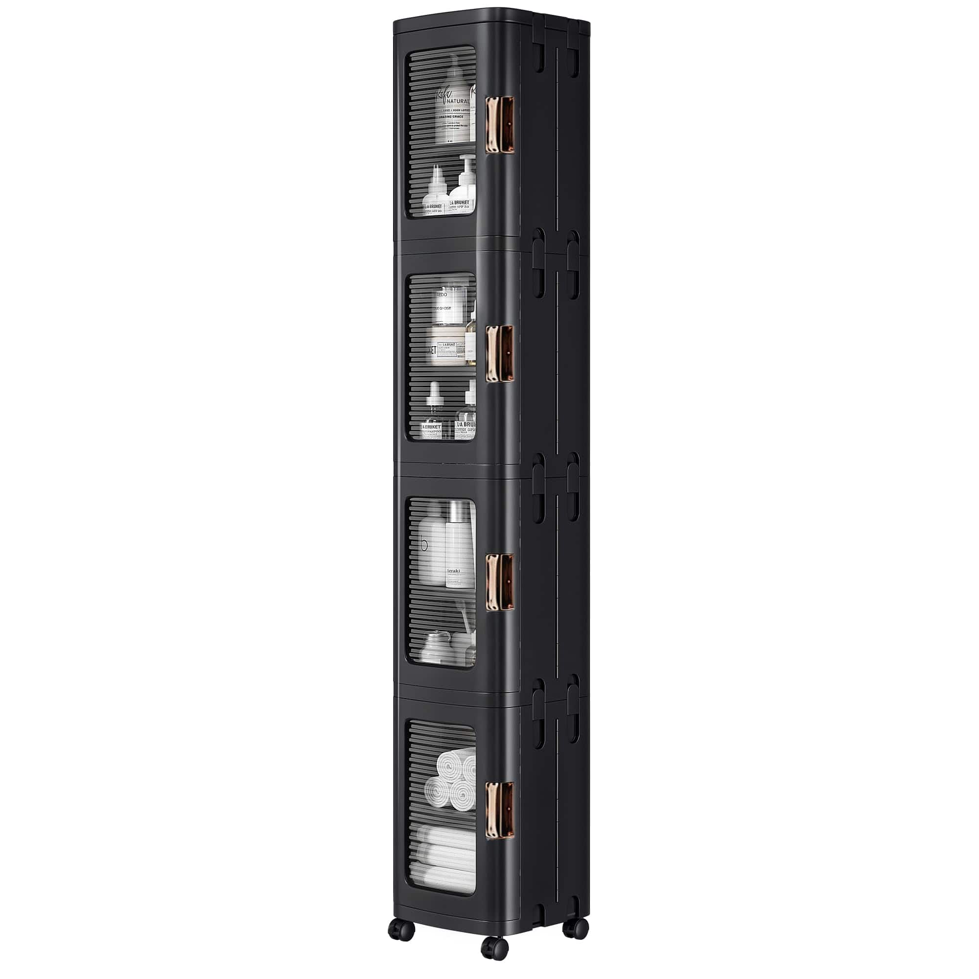 Hirose Alice - 4-tier Tall Narrow Storage Cabinet With Movable Wheels Shelves Anti-tip Slim For Small Space Laundry - Black-9.6 x 11.2 x 65.4 In(LxWxH)