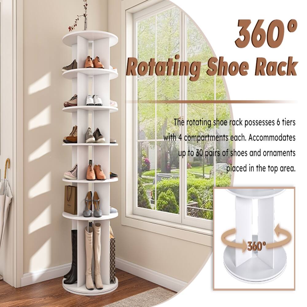 360° Rotating Shoe Rack

The rotating shoe rack possesses 6 tiers with 4 compartments each. Accommodates up to 30 pairs of shoes and ornaments placed in the top area.