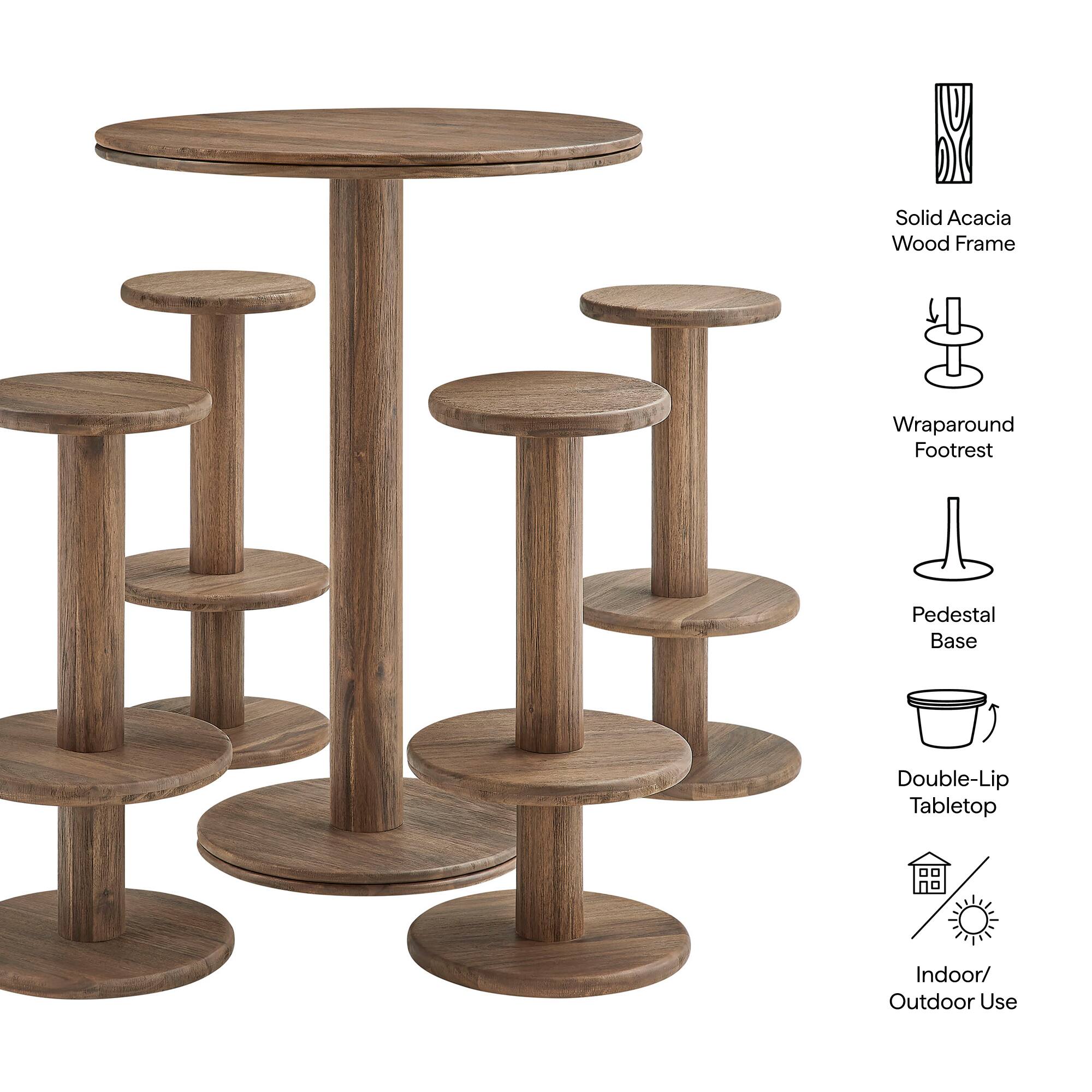Solid Acacia Wood Frame  
Wraparound Footrest  
Pedestal Base  
Double-Lip Tabletop  
Indoor/Outdoor Use