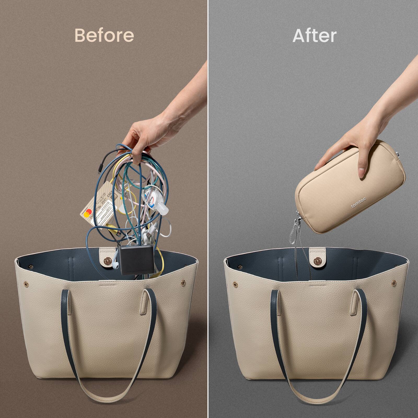 Before: A hand holding a bag with a cord and a tag. After: A hand holding a bag with a cord and a tag.