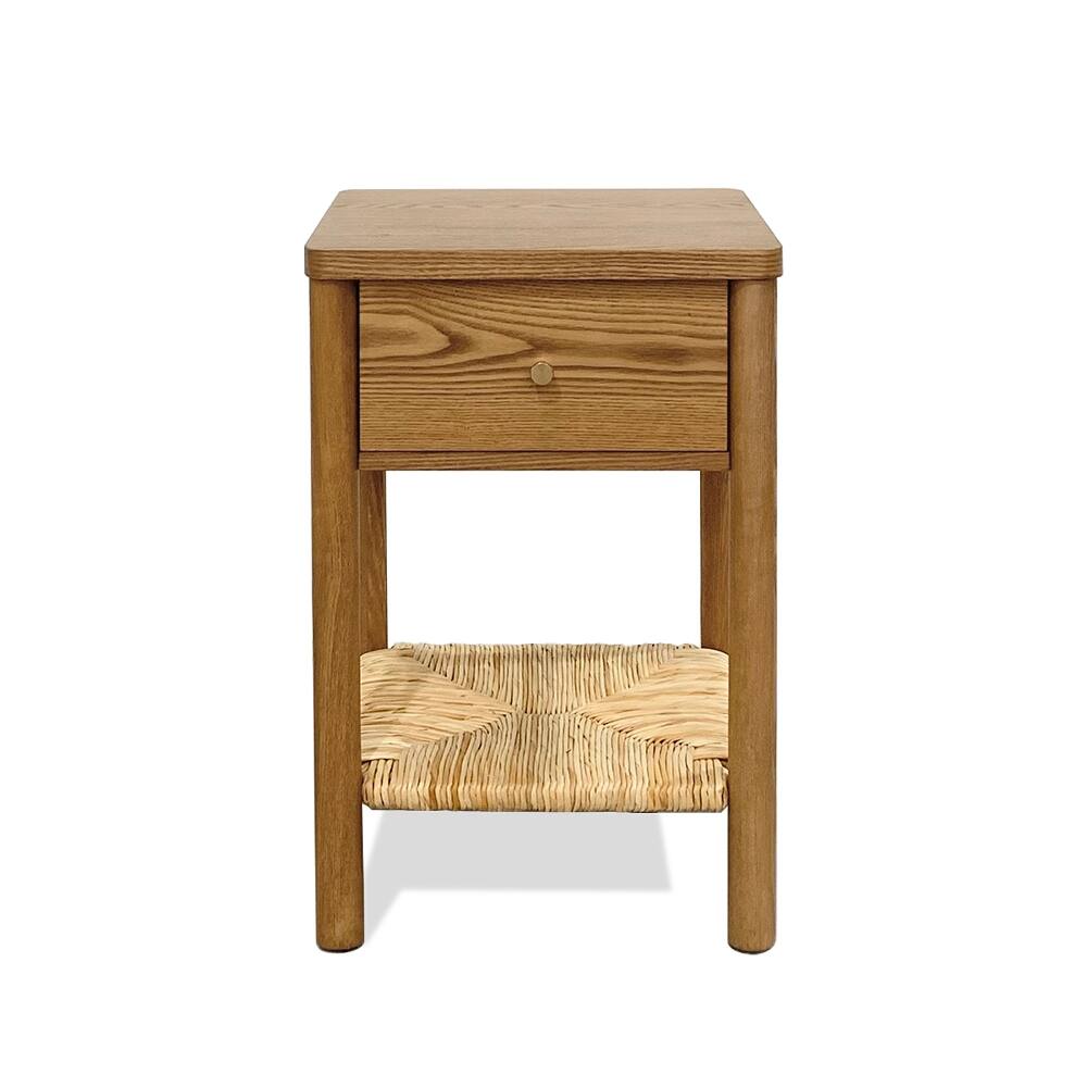 Alt View 1. Loheer - Loheer Walnut Nightstand Solid Wood End Table with Drawer Jute Shelf Rounded Edge Bedside Table for Bedroom Living Room - Walnut.