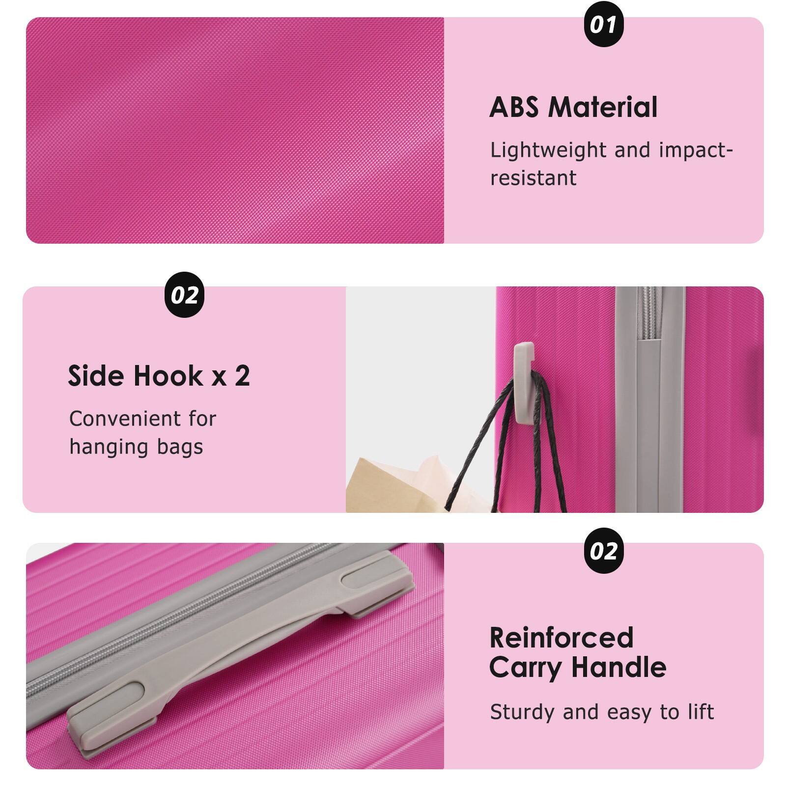 01 ABS Material  
Lightweight and impact-resistant  

02 Side Hook x 2  
Convenient for hanging bags  

02 Reinforced Carry Handle  
Sturdy and easy to lift