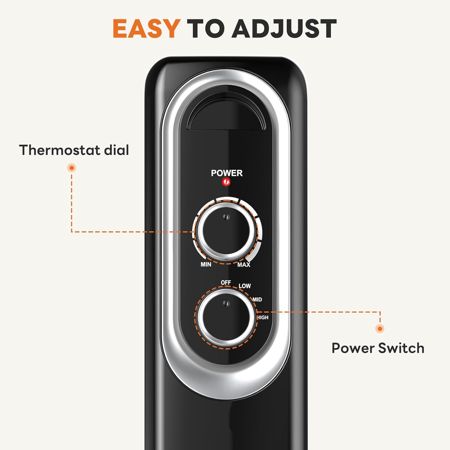 EASY TO ADJUST

Thermostat dial

Power Switch

POWER

MIN MAX

OFF LOW MID HIGH