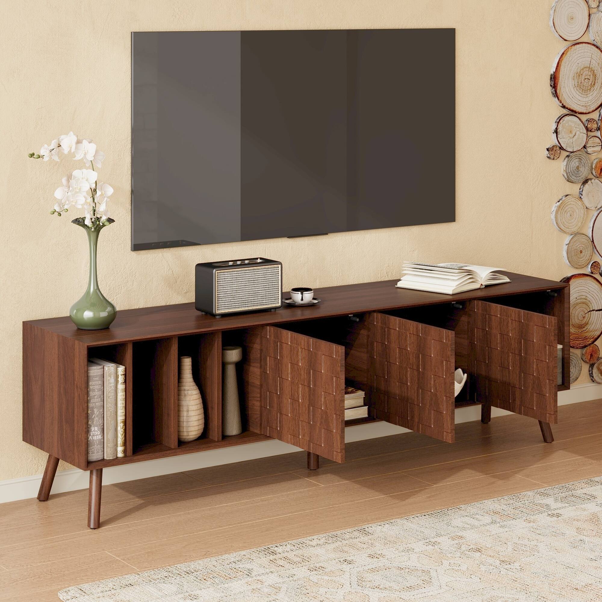 Angle. MERAVOM - 68" Mid-Century Modern TV Stand, Media Console for TVs up to 75'', Entertainment Center with Storage for Living Room - Walnut.