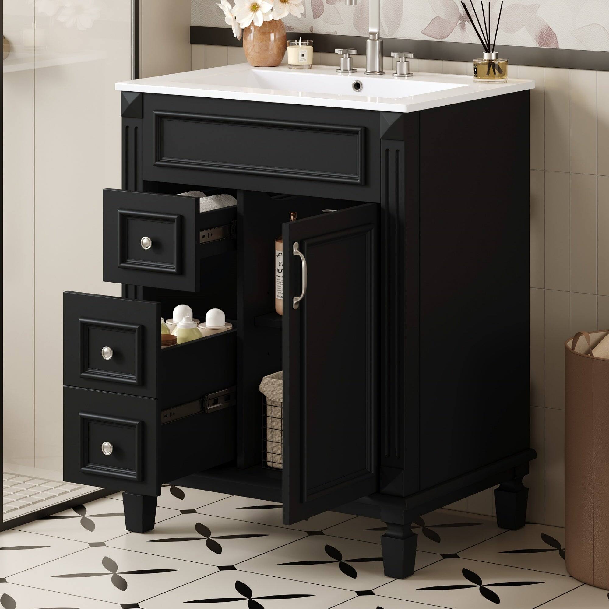 Alt View 2. Boyel Living - 24 Inch French Style Bathroom Vanity with Ceramic Sink and Drawers Black - Black.