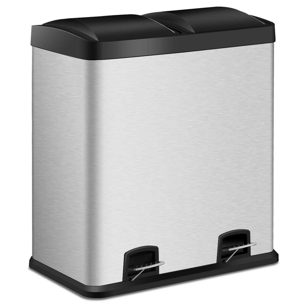 Angle. Hivvago - Large 16-Gallon Dual Compartment Kitchen Trash Can with Foot Pedal Open - Silver, black.