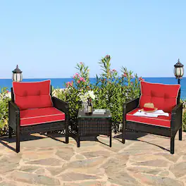 Gymax - 3PCS Patio Outdoor Rattan Furniture Set w/ Coffee Table Red Cushion - as pic