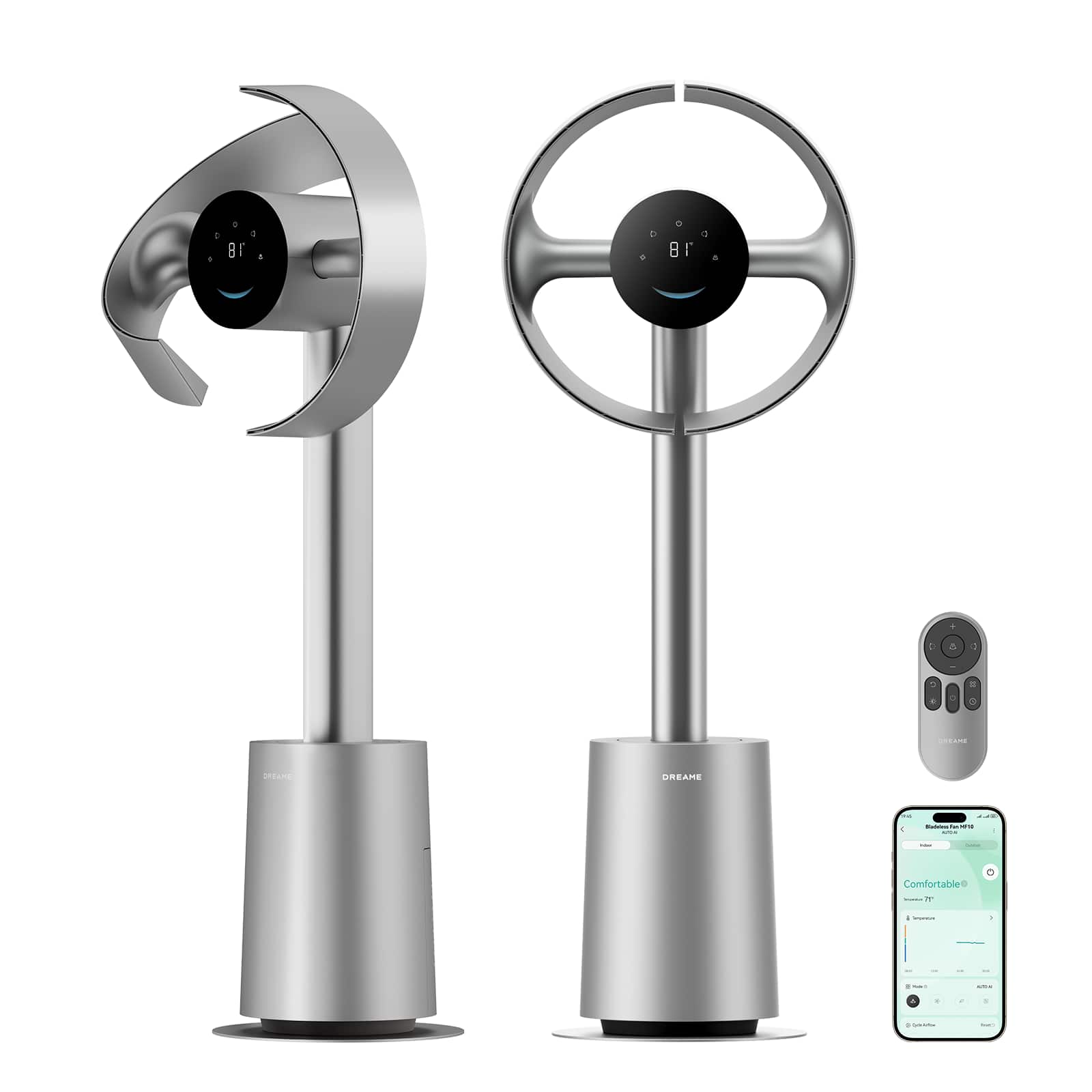 Dreame - Bladeless Tower Fan for Bedroom, Smart Standing Fan with 270° Spatial Airflow for Whole-Room Circulation - Silver