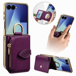 Dteck - Zipper Wallet Card Pocket Back Cover for Samsung Galaxy Z Flip8 with Mirror Design, Shockproof Finger Ring Rugged Cover - Purple