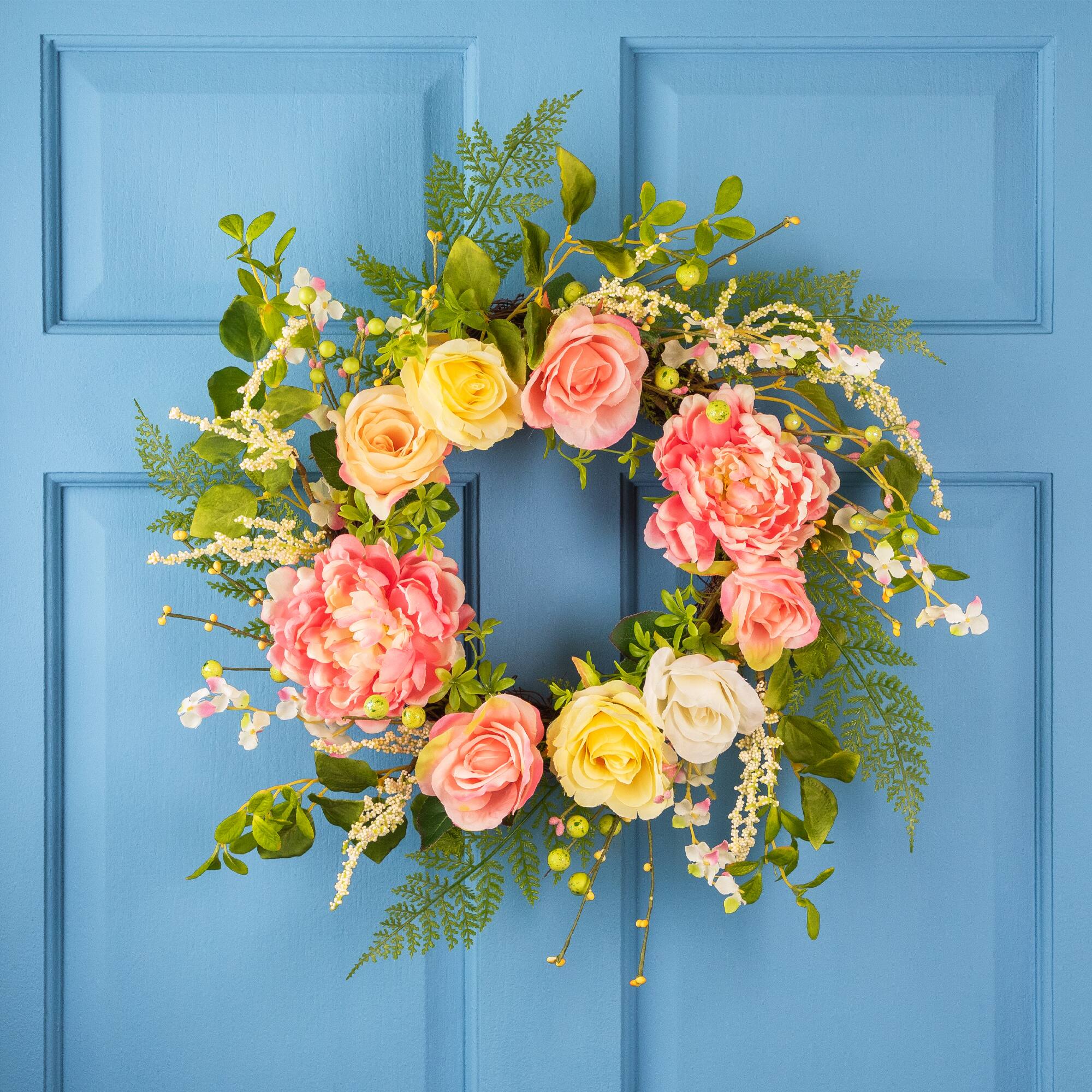 Front. Northlight - Rose and Peony Artificial Floral Spring Wreath, Pink and Yellow - 22-Inch - Pink.