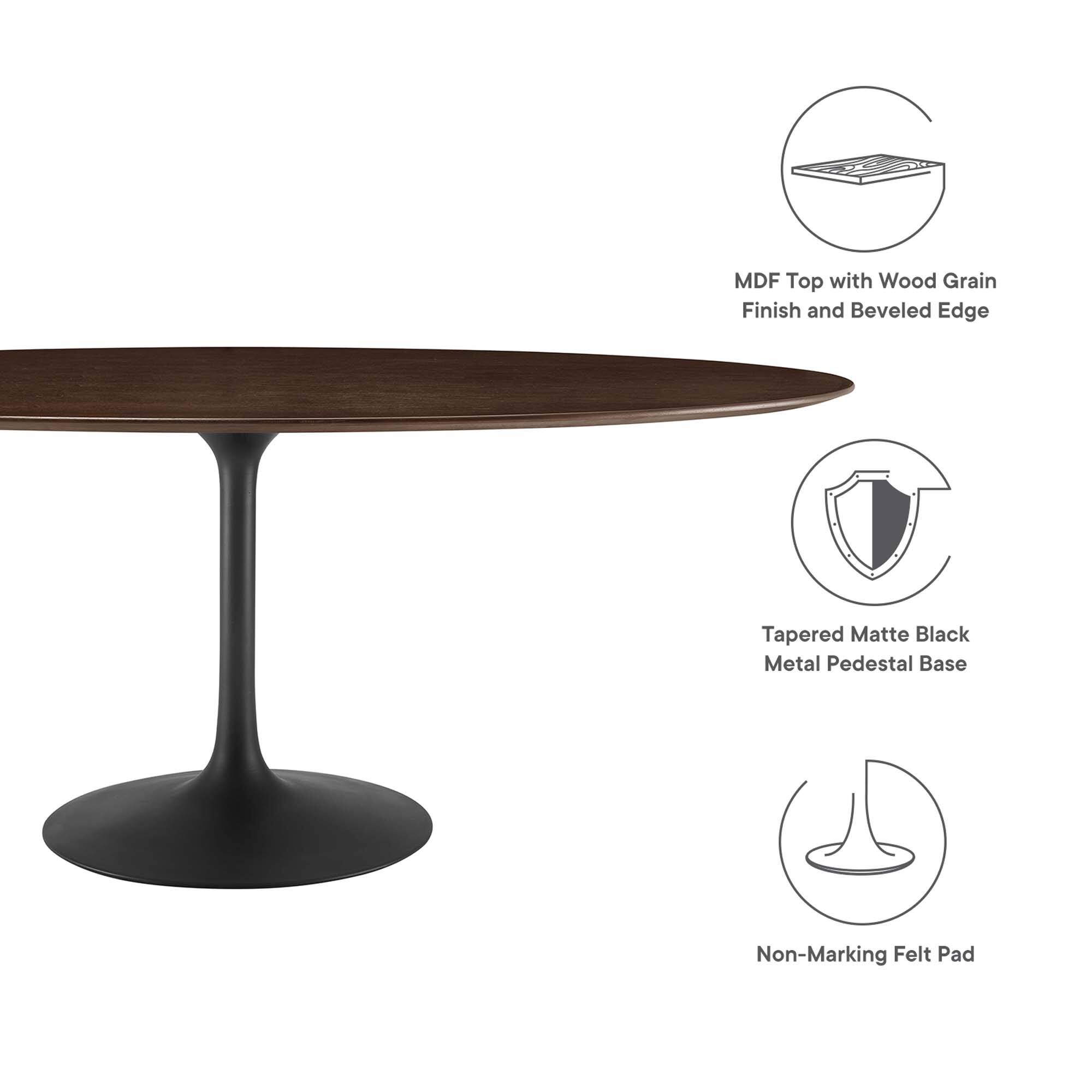 MDF Top with Wood Grain Finish and Beveled Edge  
Tapered Matte Black Metal Pedestal Base  
Non-Marking Felt Pad