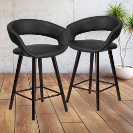 Emma + Oliver - 2 Pk. 24'' High Contemporary Vinyl Counter Height Stool with Cappuccino Wood Frame - Black