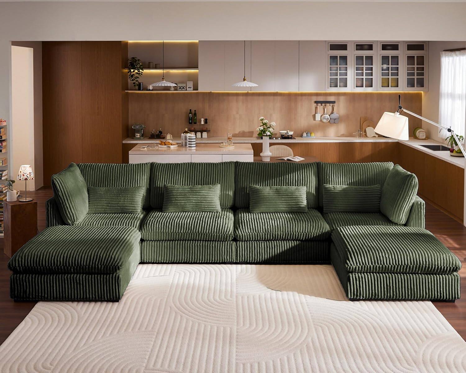 Yardgrace - 154" Oversized Corduroy Couch Modular Sectional Sofa,6 Seater Sectional Couches for Living Room, Fully Cover Removable - Green