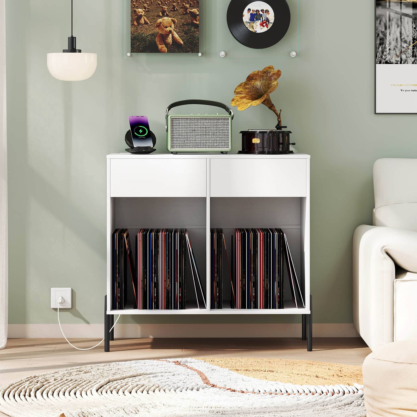 Alt View 4. Costway - Costway Large Record Player Stand with Charging Station Storage Compartments & 2 Drawers - White.