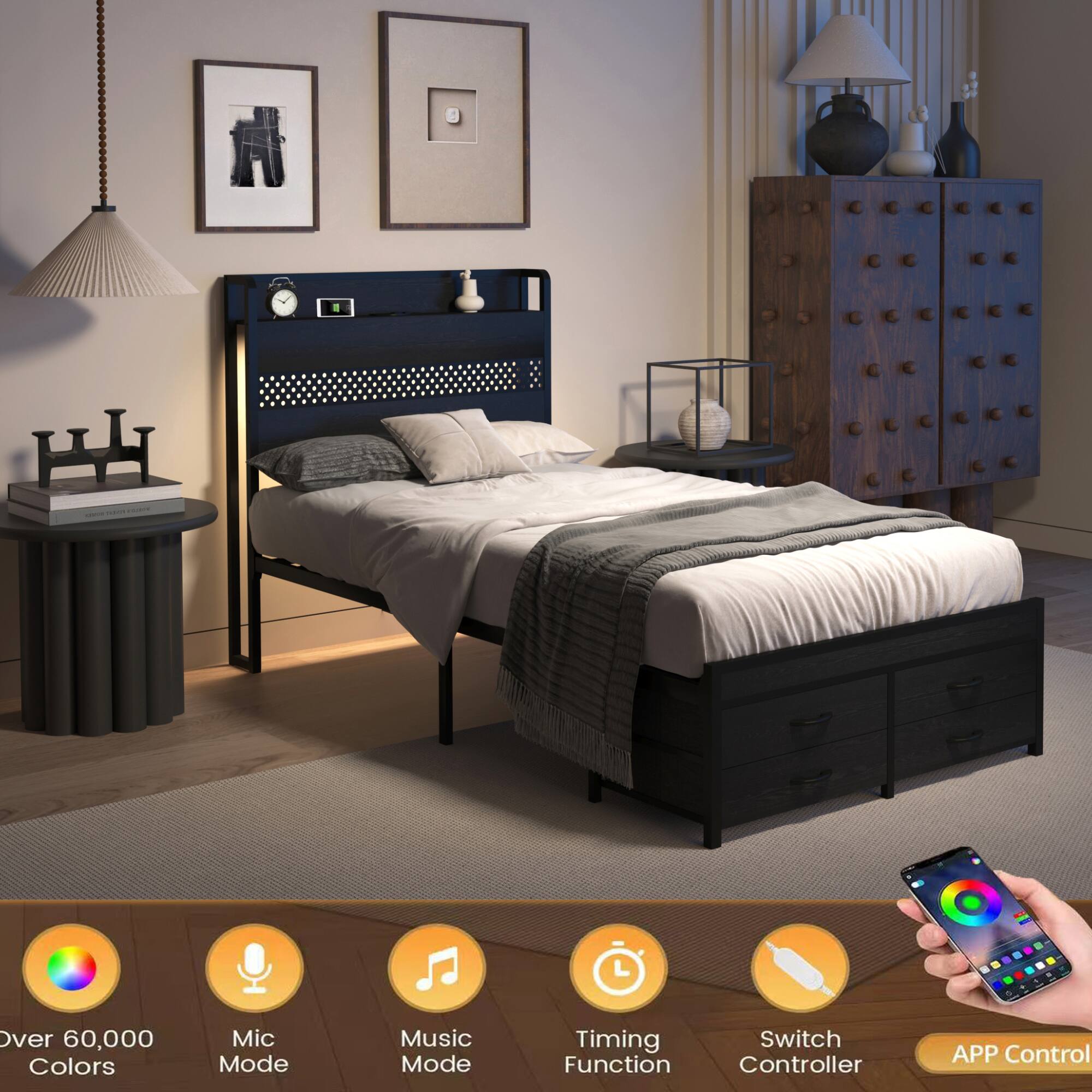 - Over 60,000 Colors
- Mic Mode
- Music Mode
- Timing Function
- Switch Controller
- APP Control