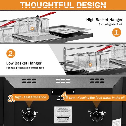 **THOUGHTFUL DESIGN**

1. **High Basket Hanger**  
   For cooling fried food

2. **Low Basket Hanger**  
   For heat preservation of fried food

3. **High - Fast Fried Food**

4. **Low - Keeping the food warm in the oil**

**LO OFF HI CAUTION**