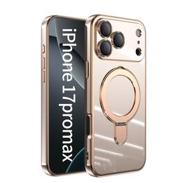 Dteck - Mag Safe Case for Apple iPhone 17 Pro Max,Slim Shockproof TPU Case with Metal Stand Plated Bumper Bulit in Lens Film - Lightpink