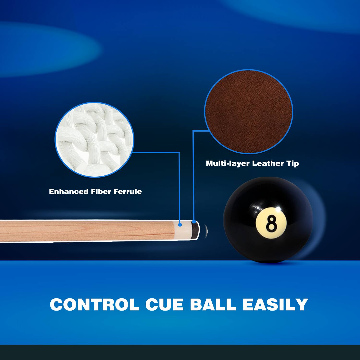 Multi-layer Leather Tip, Enhanced Fiber Ferrule, 8, Control Cue Ball Easily
