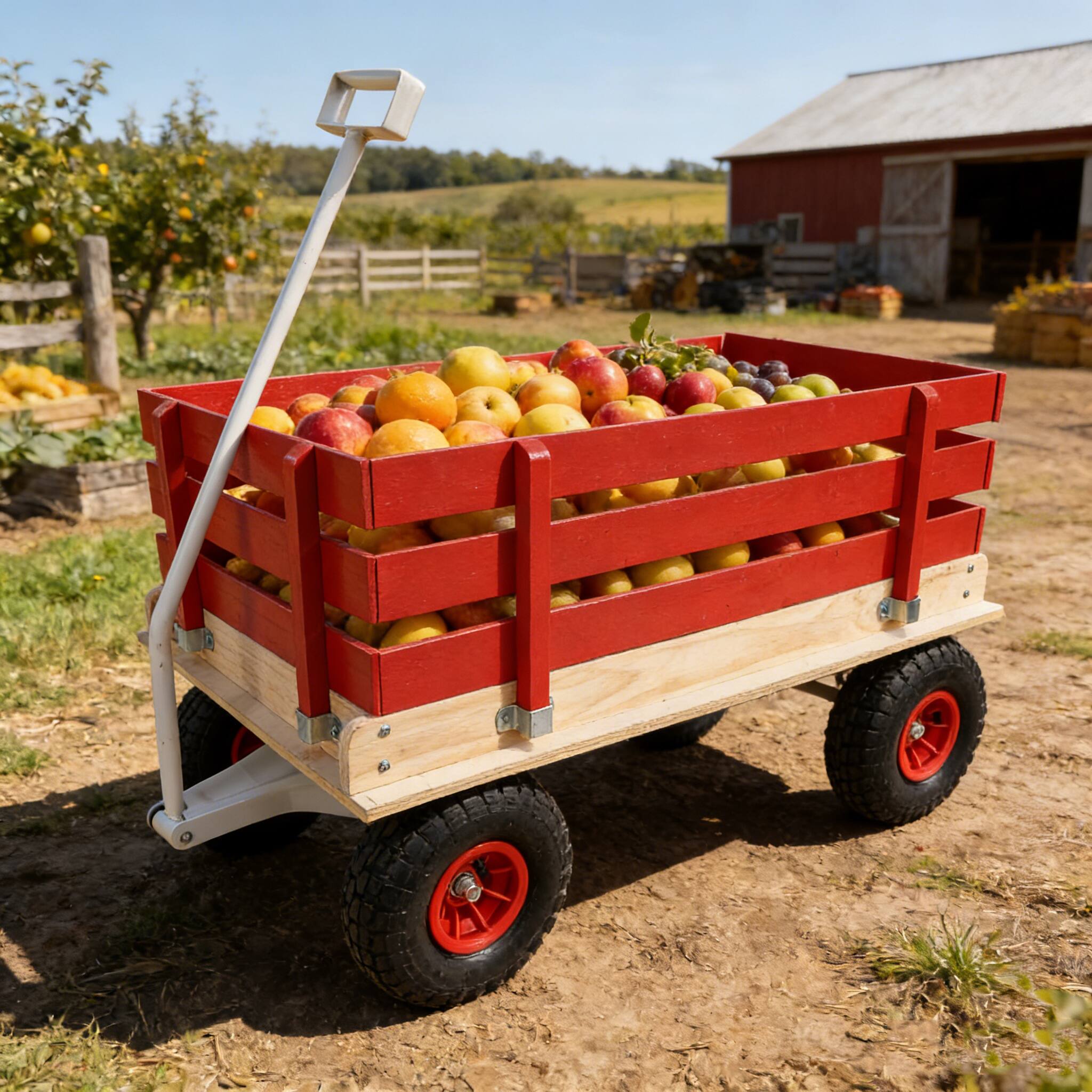 Angle. Whisen - Wooden Utility Wagon with Folding Handle, Heavy Duty Outdoor Wagon & Garden Cart for Kids & Camping - Red.