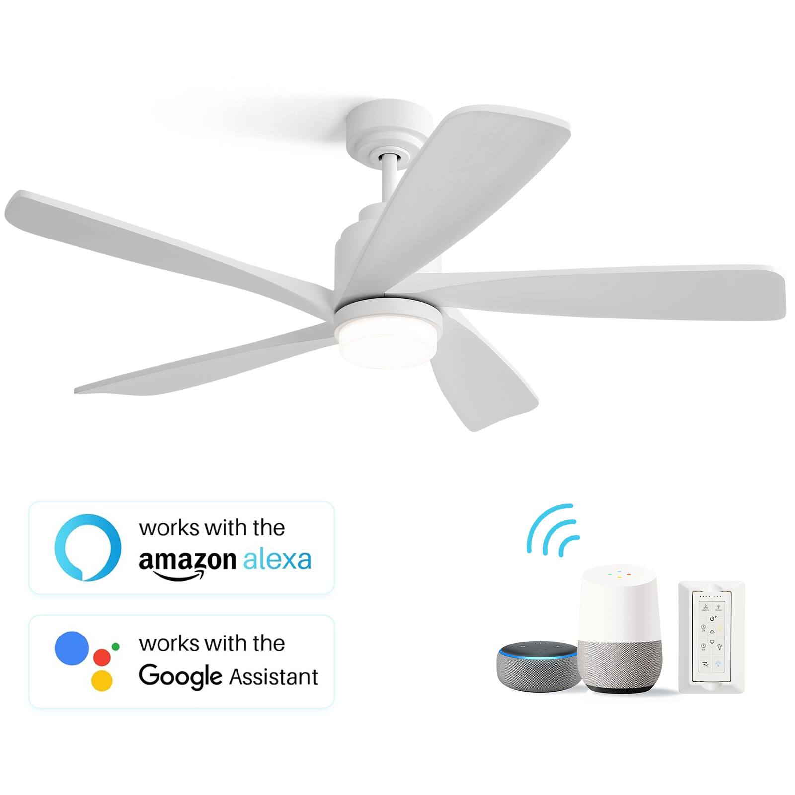 Sofucor - 52 inch Smart Ceiling Fan with Light and Remote Modern Wood Ceiling Fan Work with Alexa APP Control Indoor Outdoor - White