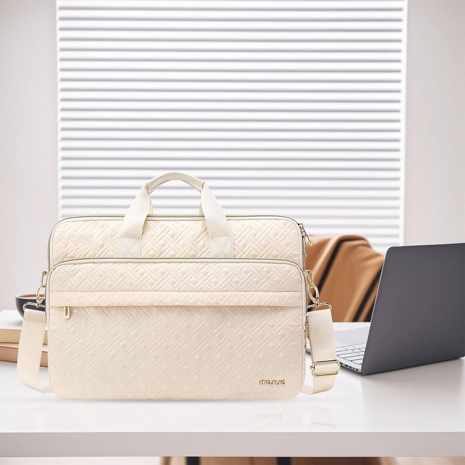 Left. mosiso - 15-15.6 inch Laptop Bag for Women&Men, Double Line Rhombus Quilted Laptop Messenger Bag with 2 Front Pockets - Beige.