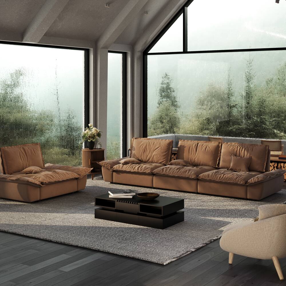 Left. POVISON - 63.39" Modern Brown Pet-Friendly Single Sofa Chair with Adjustable Backrest - Brown Suede Fabric.