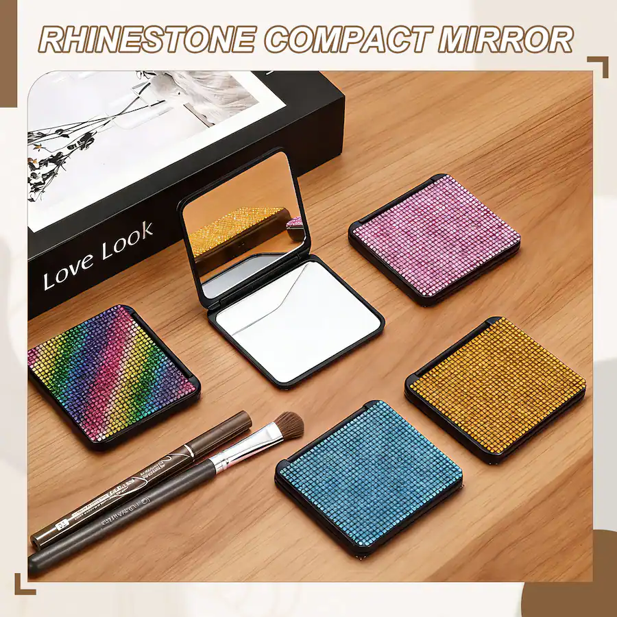 Unique Bargains Rhinestone Compact Mirror, Rectangle Double Sided ...